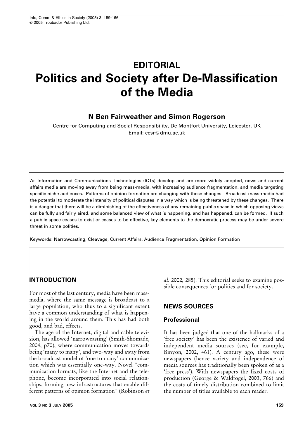 Fairweather and Rogerson: Politics and Society After De-Massification of the Media