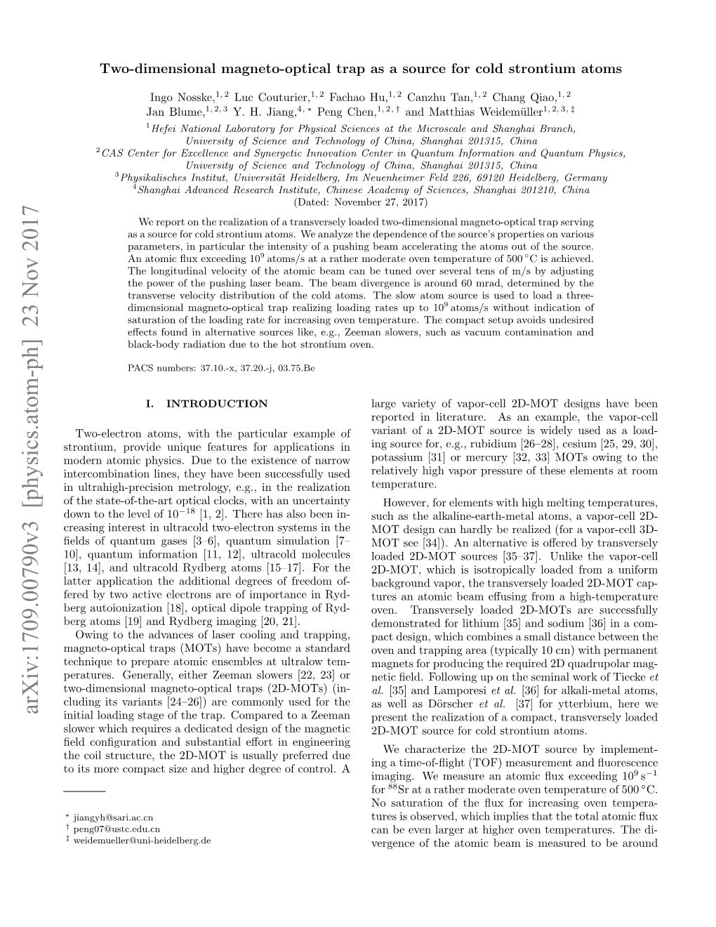 Arxiv:1709.00790V3 [Physics.Atom-Ph] 23 Nov 2017 Initial Loading Stage of the Trap