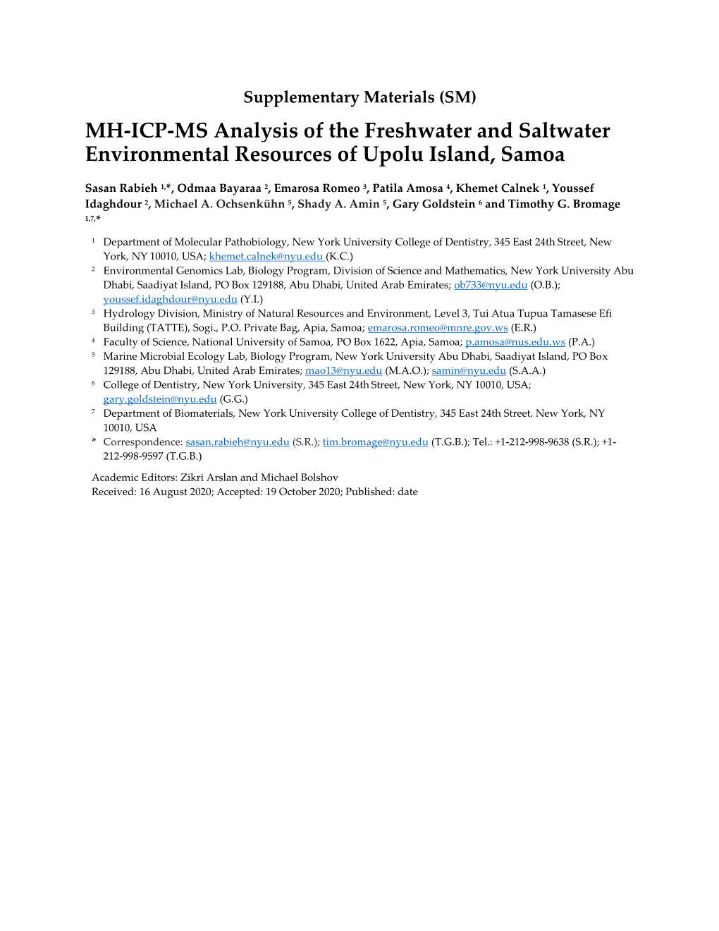 MH-ICP-MS Analysis of the Freshwater and Saltwater Environmental Resources of Upolu Island, Samoa