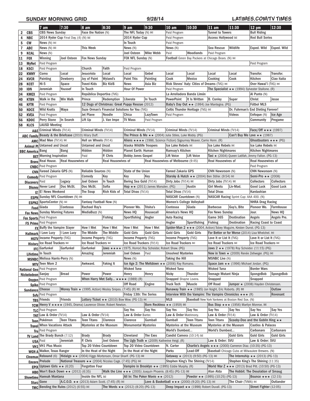 Sunday Morning Grid 9/28/14 Latimes.Com/Tv Times