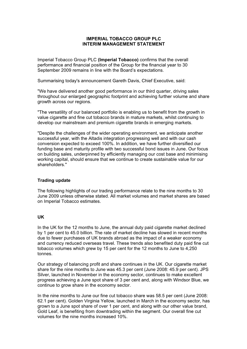 Imperial Tobacco Group Plc Interim Management Statement