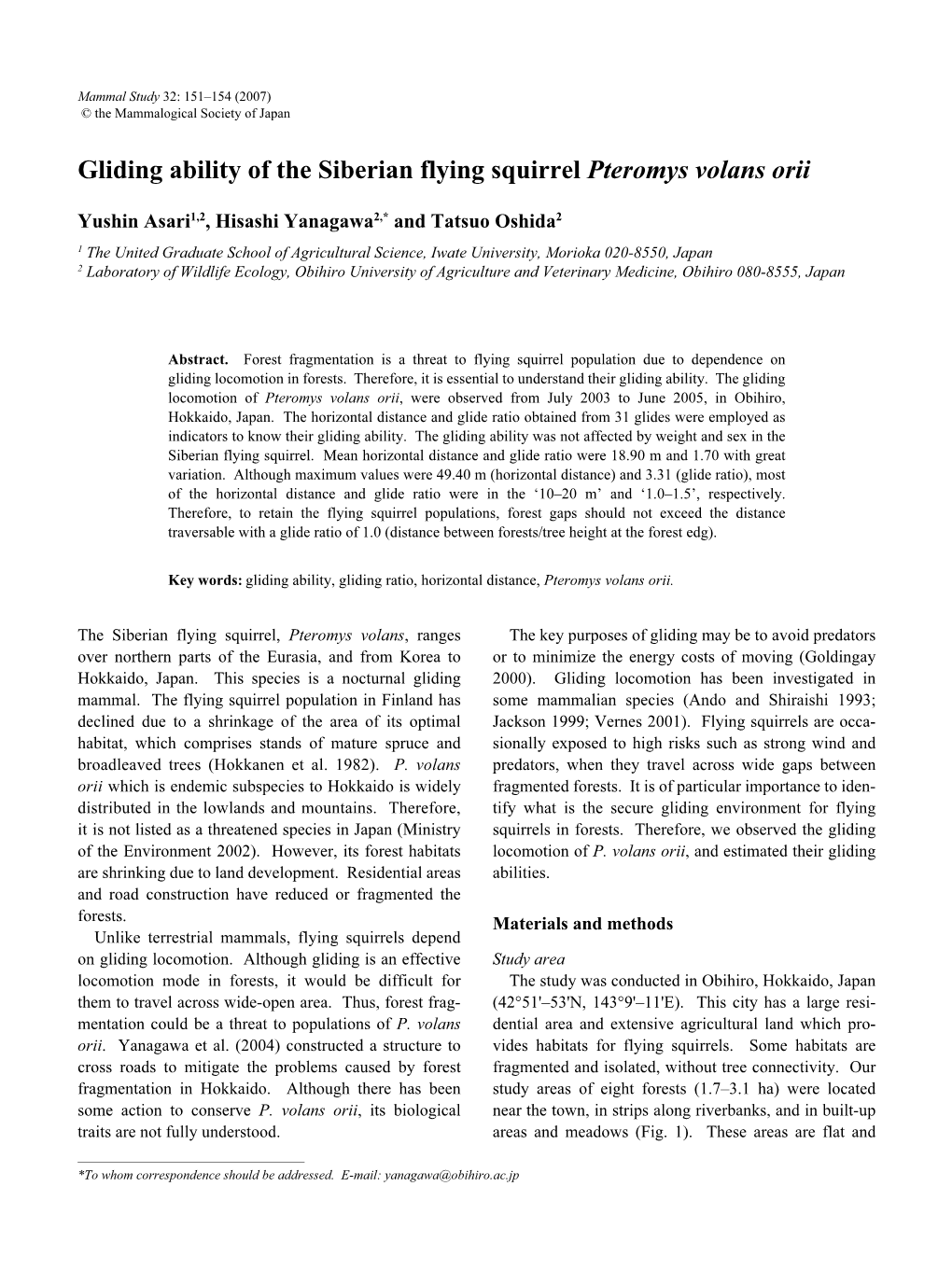 Gliding Ability of the Siberian Flying Squirrel Pteromys Volans Orii