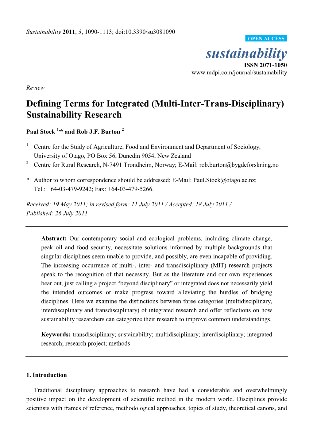 Defining Terms for Integrated (Multi-Inter-Trans-Disciplinary) Sustainability Research