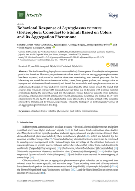 Behavioral Response of Leptoglossus Zonatus (Heteroptera: Coreidae) to Stimuli Based on Colors and Its Aggregation Pheromone