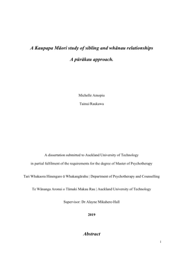 A Kaupapa Māori Study of Sibling and Whānau Relationships a Pūrākau Approach. Abstract