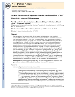 Lack of Response to Exogenous Interferon-Α in the Liver of HCV Chronically Infected Chimpanzees