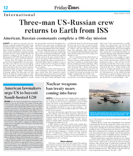 Three-Man US-Russian Crew Returns to Earth from ISS American, Russian Cosmonauts Complete a 196-Day Mission