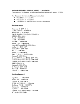 Satellites Added and Deleted for January 1, 2010 Release This Version of the Database Includes Satellites Launched Through January 1, 2010