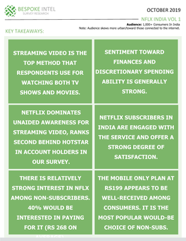 NFLX INDIA VOL 1 Audience: 1,000+ Consumers in India Note: Audience Skews More Urban/Toward Those Connected to the Internet