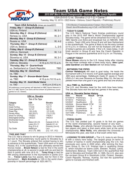 Game Notes Vs. Slovakia • Tuesday, May 12, 2015 • 2015 IIHF Men’S World Championship • Page Two