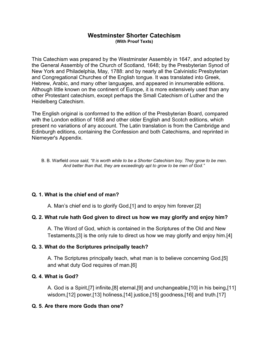 Westminster Shorter Catechism (With Proof Texts)