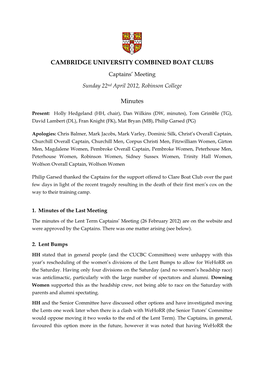 CAMBRIDGE UNIVERSITY COMBINED BOAT CLUBS Minutes