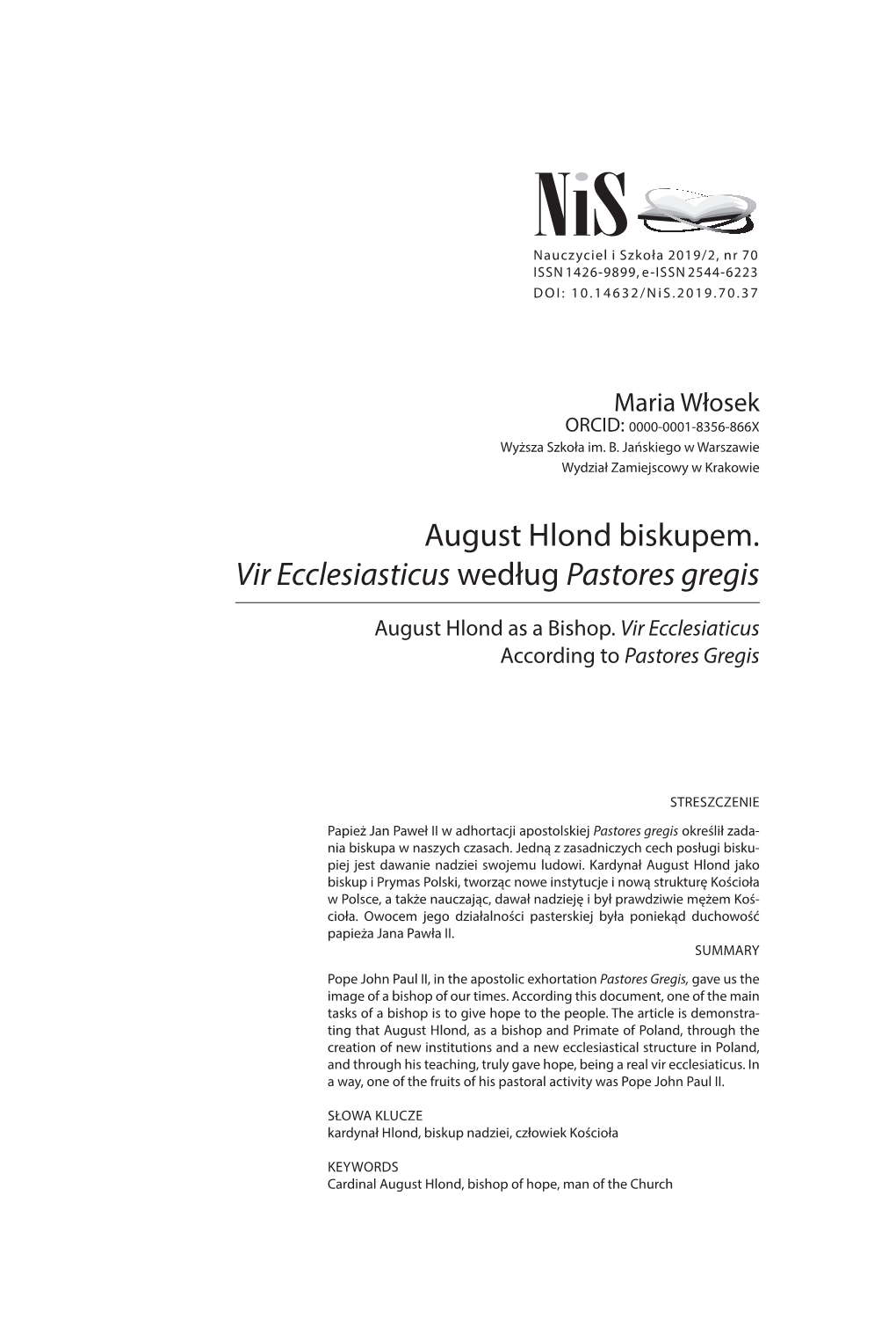 August Hlond Biskupem. Vir Ecclesiasticus Według Pastores Gregis