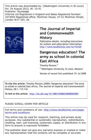 Dangerous Education? the Army As School in Colonial East Africa