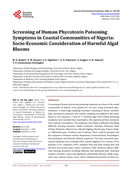 Screening of Human Phycotoxin Poisoning Symptoms in Coastal Communities of Nigeria: Socio-Economic Consideration of Harmful Algal Blooms