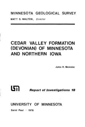 Cedar Valley Formation (Devonian) of Minnesota and Northern Iowa