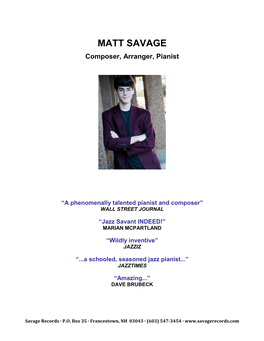 MATT SAVAGE Composer, Arranger, Pianist