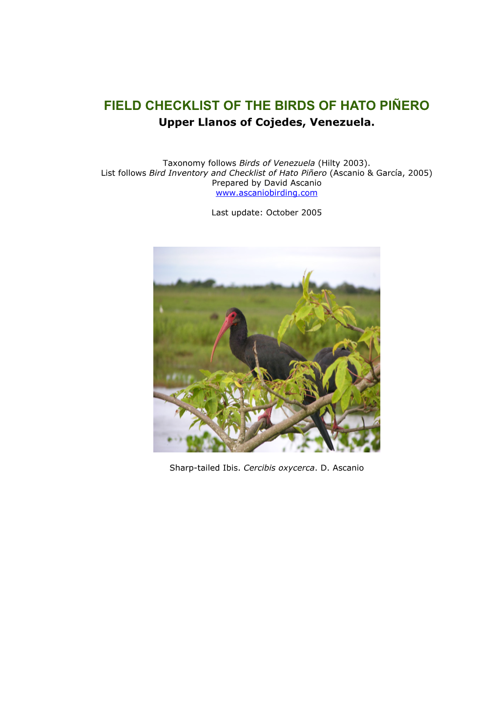 FIELD CHECKLIST of the BIRDS of HATO PIÑERO Upper Llanos of Cojedes, Venezuela