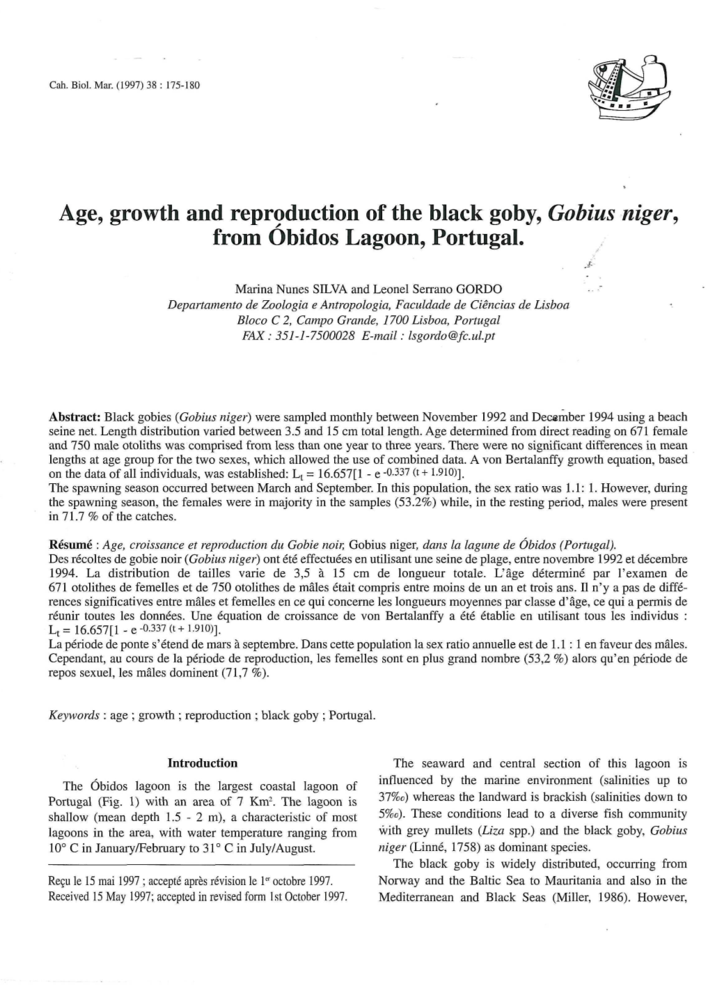 Age, Growth and Reproduction of the Black Goby, Gobius Niger, from Óbidos Lagoon, Portugal