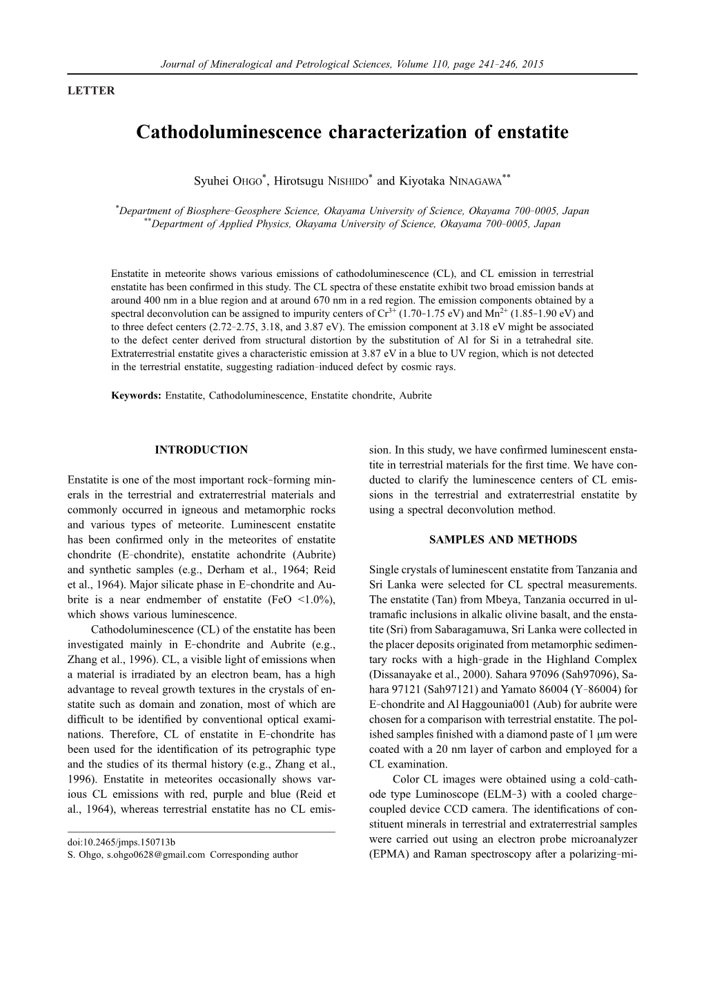 Cathodoluminescence Characterization of Enstatite