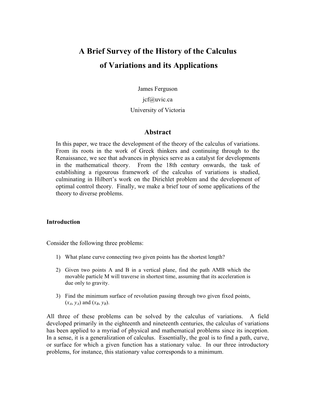 A Brief Survey of the History of the Calculus of Variations and Its Applications