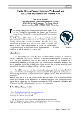 On the African Physical Society, Afps, Launch and the African Physical Review Journal, APR