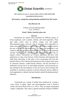 ISSN 2320-9186 Β-Carotene—Properties and Production Method from the Yeasts Alaa