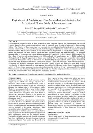 Phytochemical Analysis, In-Vitro Antioxidant and Antimicrobial Activities of Flower Petals of Rosa Damascena