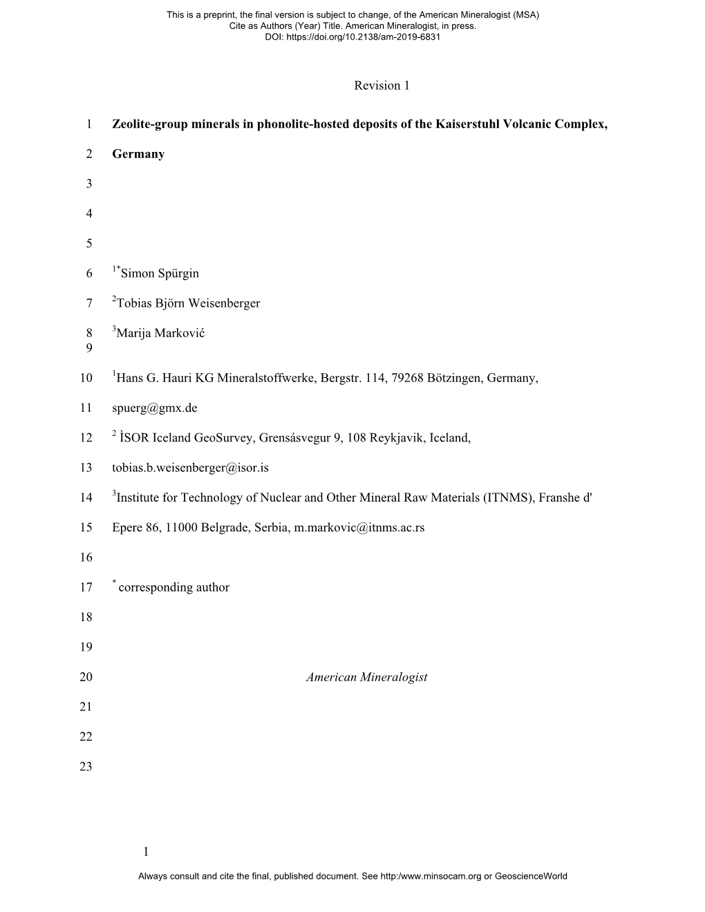 Revision 1 1 Zeolite-Group Minerals in Phonolite-Hosted Deposits of The