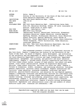 History of the University of the State of New York and the State Education Department 1784-1996. INSTITUTION New York State Education Dept., Albany