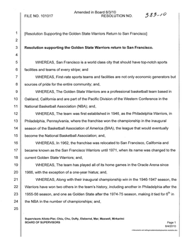 Resolution Supporting the Golden State Warriors Return to San Francisco] 2