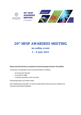20Th HFSP AWARDEES MEETING an Online Event 5 – 8 July 2021