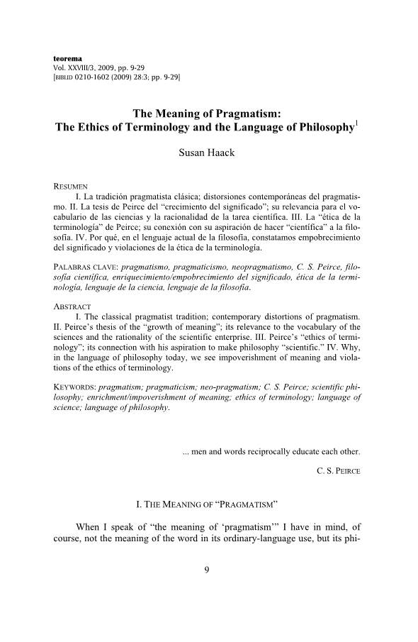 The Meaning of Pragmatism: the Ethics of Terminology and the Language of Philosophy1