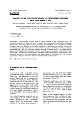 MALDI-TOF MS IDENTIFICATION of CITROBACTER YOUNGAE ISOLATED from FOOD Dubravka S