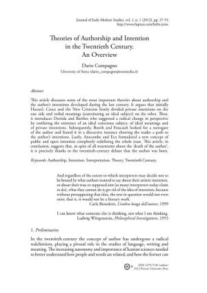 Theories of Authorship and Intention in the Twentieth Century. an Overview Dario Compagno University of Siena (Dario Compagno@Neomedia.It)