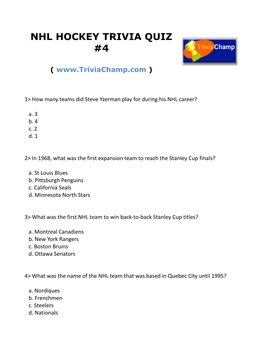 Nhl Hockey Trivia Quiz #4