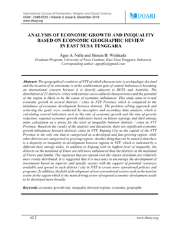 Analysis of Economic Growth and Inequality Based on Economic Geographic Review in East Nusa Tenggara