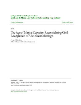 The Age of Marital Capacity: Reconsidering Civil Recognition of Adolescent Marriage Vivian E