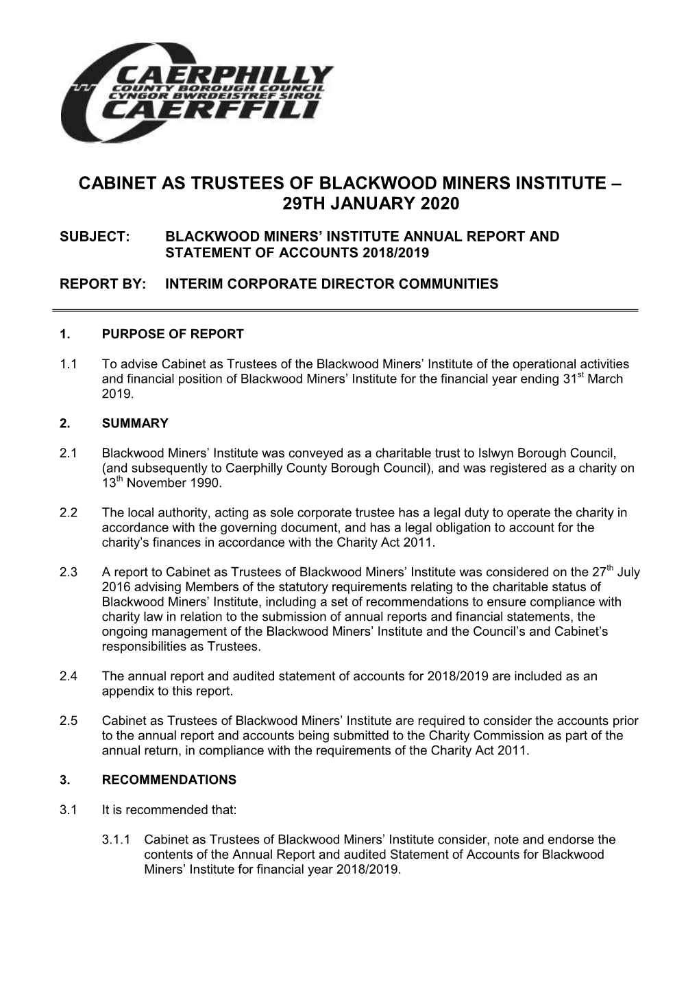 Cabinet As Trustees of Blackwood Miners Institute – 29Th January 2020