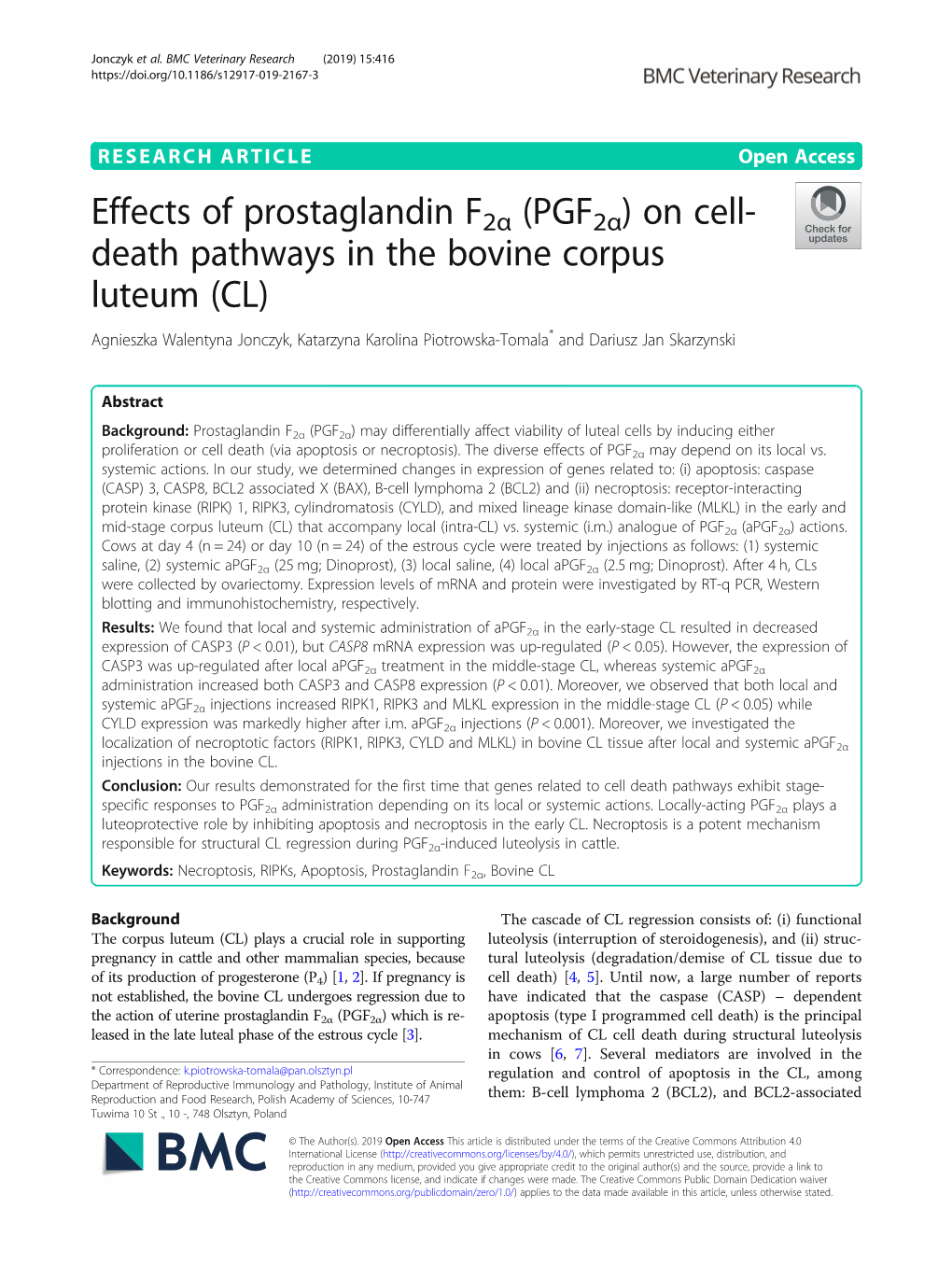 Effects of Prostaglandin F2α (Pgf2α) on Cell-Death Pathways in the Bovine Corpus Luteum