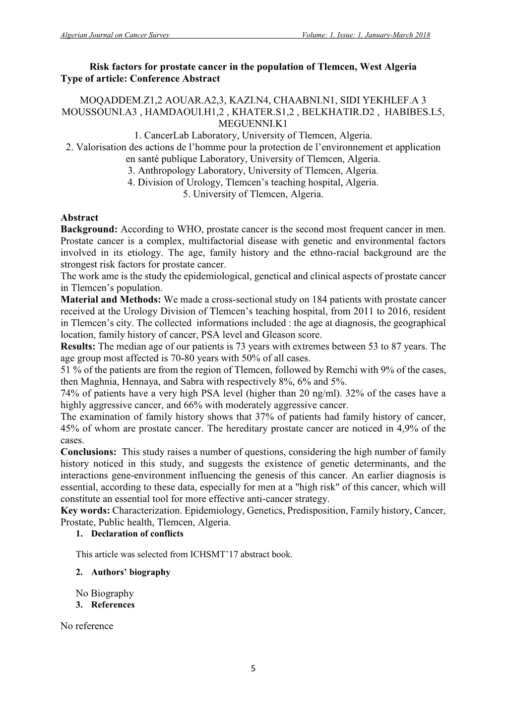 Risk Factors for Prostate Cancer in the Population of Tlemcen, West Algeria Type of Article: Conference Abstract