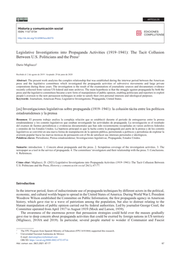 Legislative Investigations Into Propaganda Activities (1919–1941): the Tacit Collusion Between U.S. Politicians and the Press1