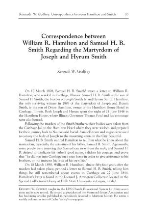 Correspondence Between William R. Hamilton and Samuel H. B. Smith Regarding the Martyrdom of Joseph and Hyrum Smith