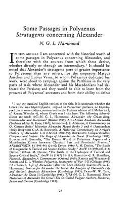 Some Passages in Polyaenus Stratagems Concerning Alexander Hammond, N G L Greek, Roman and Byzantine Studies; Spring 1996; 37, 1; Proquest Pg