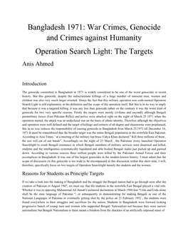 Bangladesh 1971: War Crimes, Genocide and Crimes Against Humanity Operation Search Light: the Targets Anis Ahmed