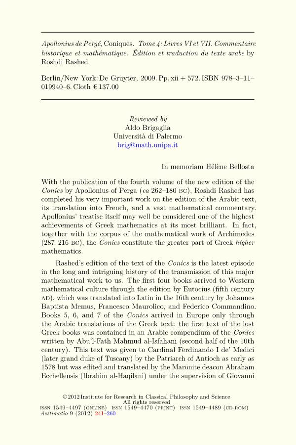 Apollonius De Pergé, Coniques. Tome 4: Livres VI Et VII. Commentaire Historique Et Mathématique