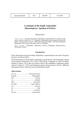A Catalogue of the Family Andrenidae (Hymenoptera: Apoidea) of Eritrea