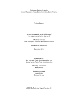 Petroleum System Analysis: Middle Magdalena Valley Basin, Colombia, South America