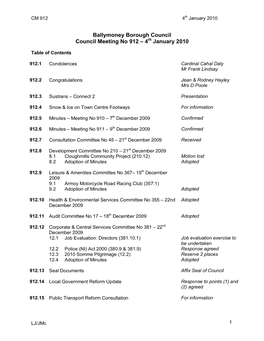 Ballymoney Borough Council Council Meeting No 912 – 4 January 2010