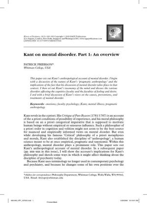 Kant on Mental Disorder. Part 1: an Overview